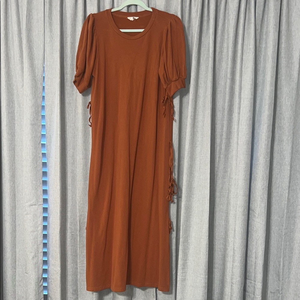 Rust Puff Sleeve Midi Dress
